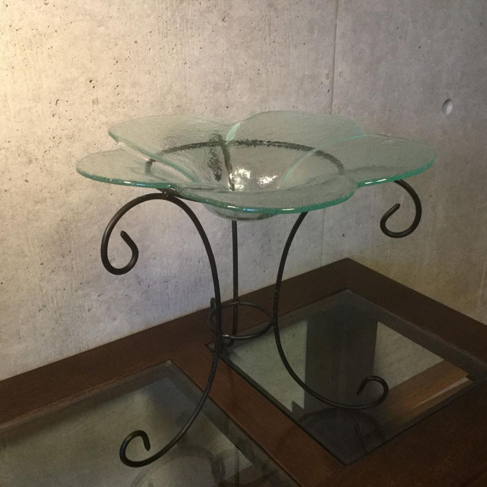 バリガラス製　ハンドメイド　プルメリア花柄　水盤　スタンド付き　33×33×33　おしゃれ　アジアン